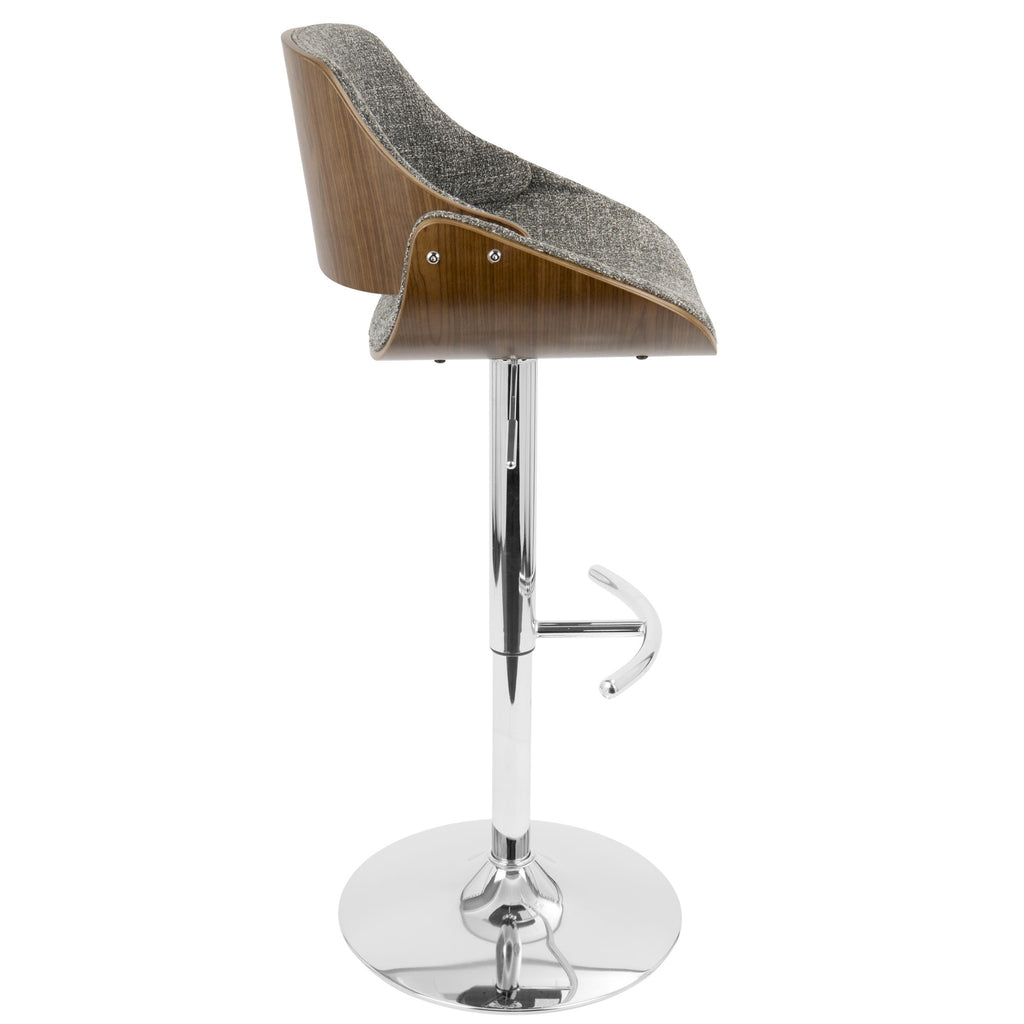 Fabrizzi Adjustable Barstool - Chrome Metal, Walnut Wood, Grey Noise Fabric
