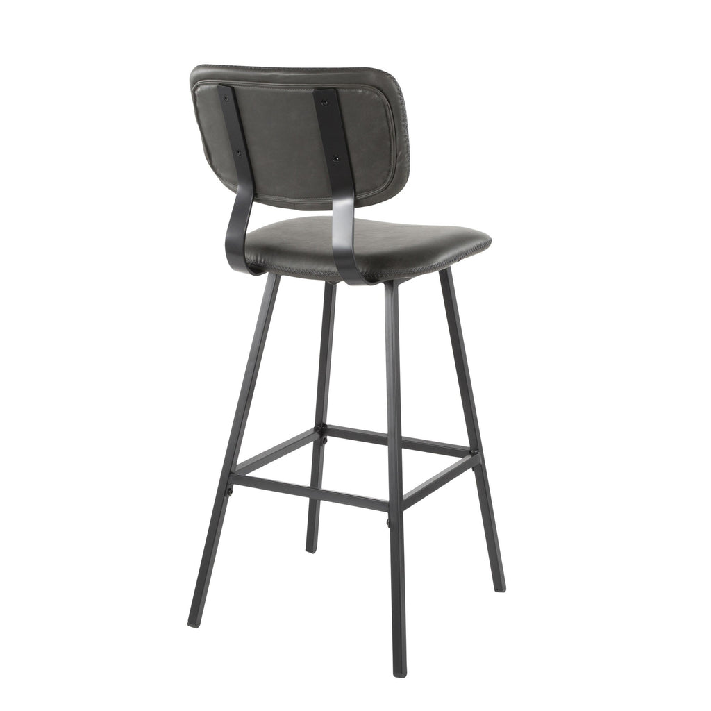 Foundry 30" Fixed-Height Barstool - Set of 2 - Black Metal, Grey PU, Grey Zig Zag Stitching