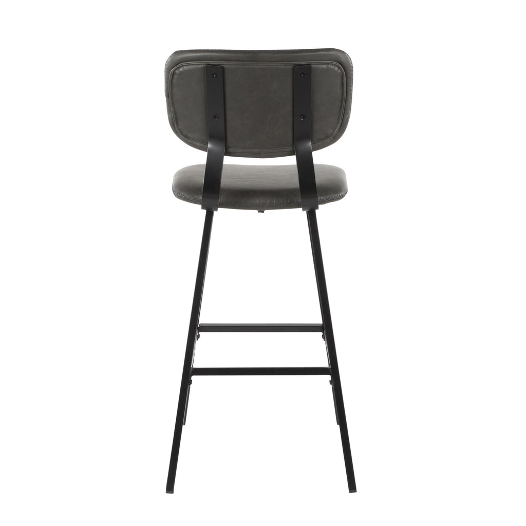 Foundry 30" Fixed-Height Barstool - Set of 2 - Black Metal, Grey PU, Grey Zig Zag Stitching
