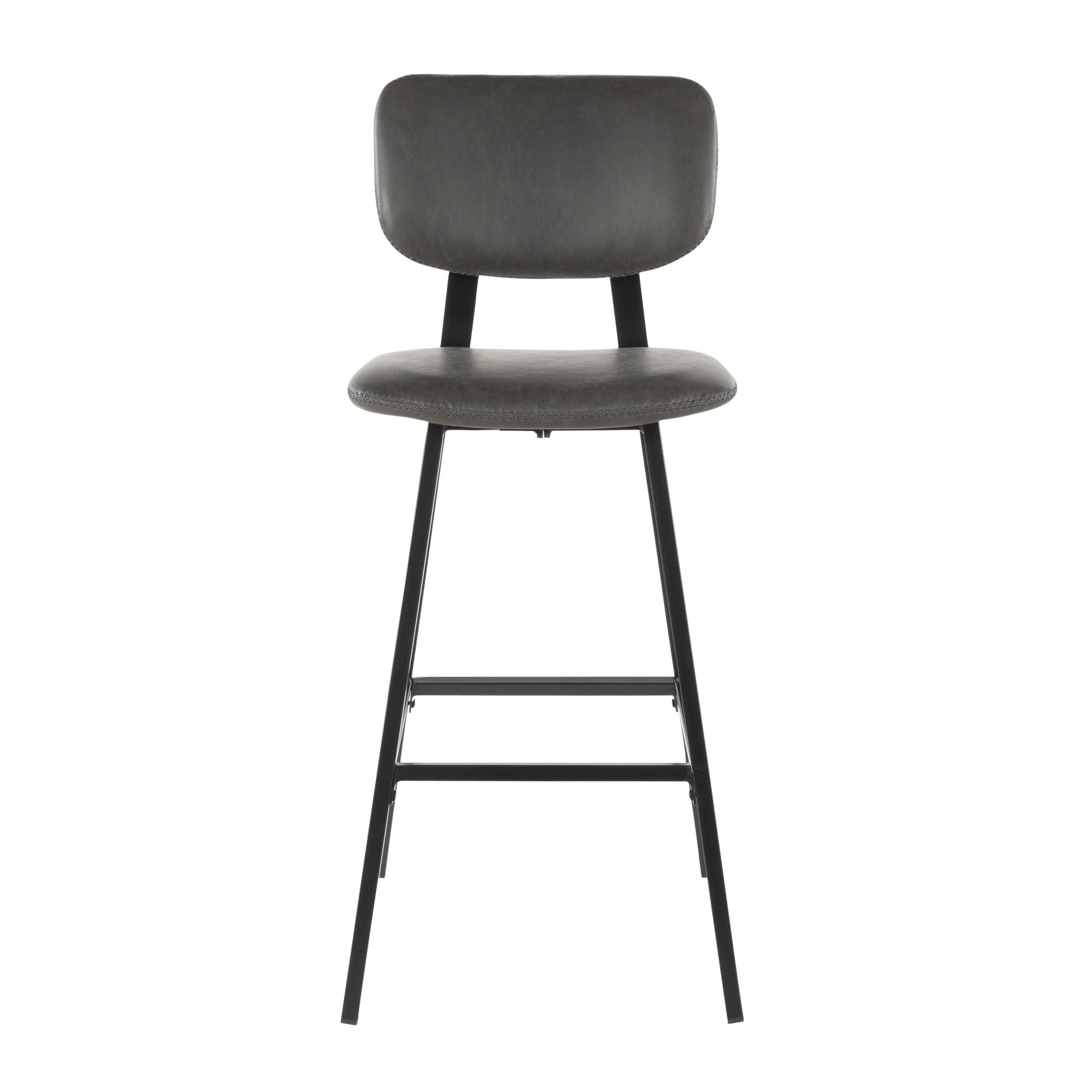 Foundry 30" Fixed-Height Barstool - Set of 2 - Black Metal, Grey PU, Grey Zig Zag Stitching