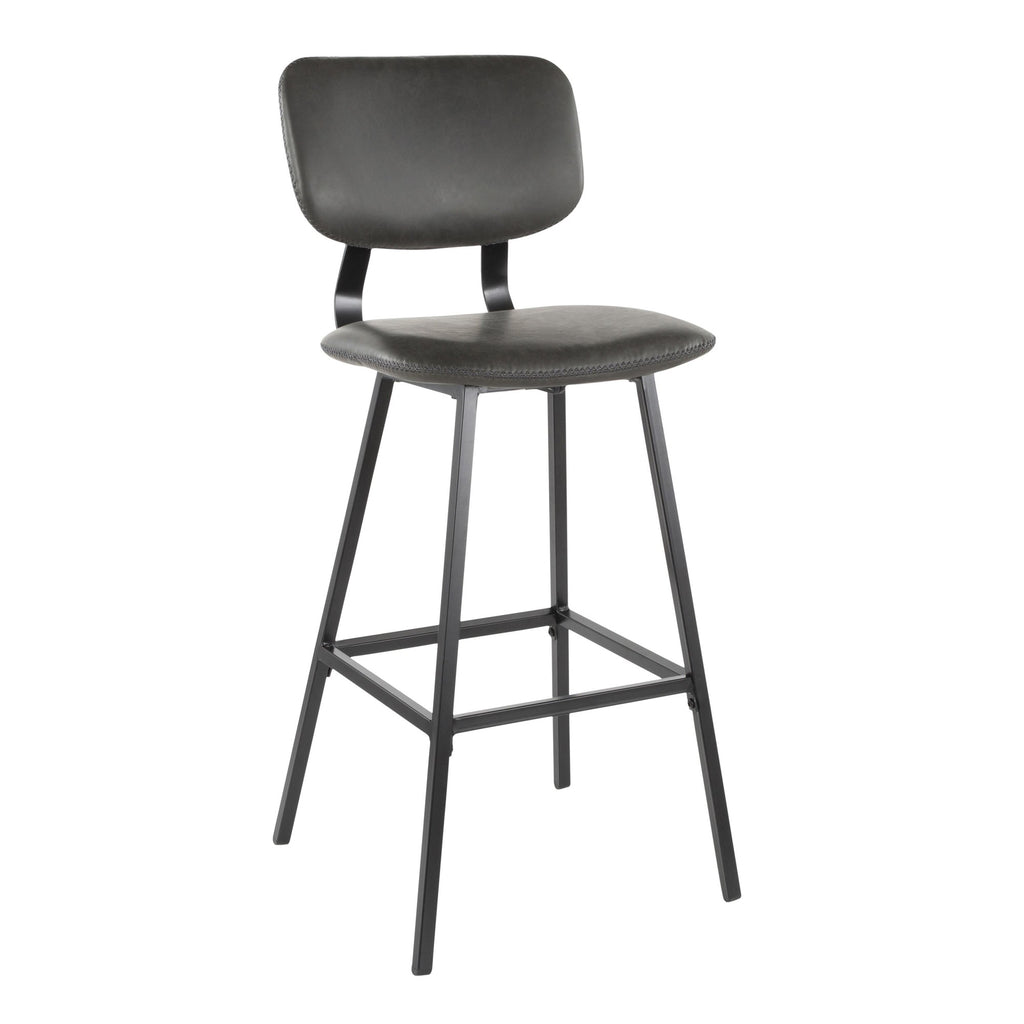 Foundry 30" Fixed-Height Barstool - Set of 2 - Black Metal, Grey PU, Grey Zig Zag Stitching