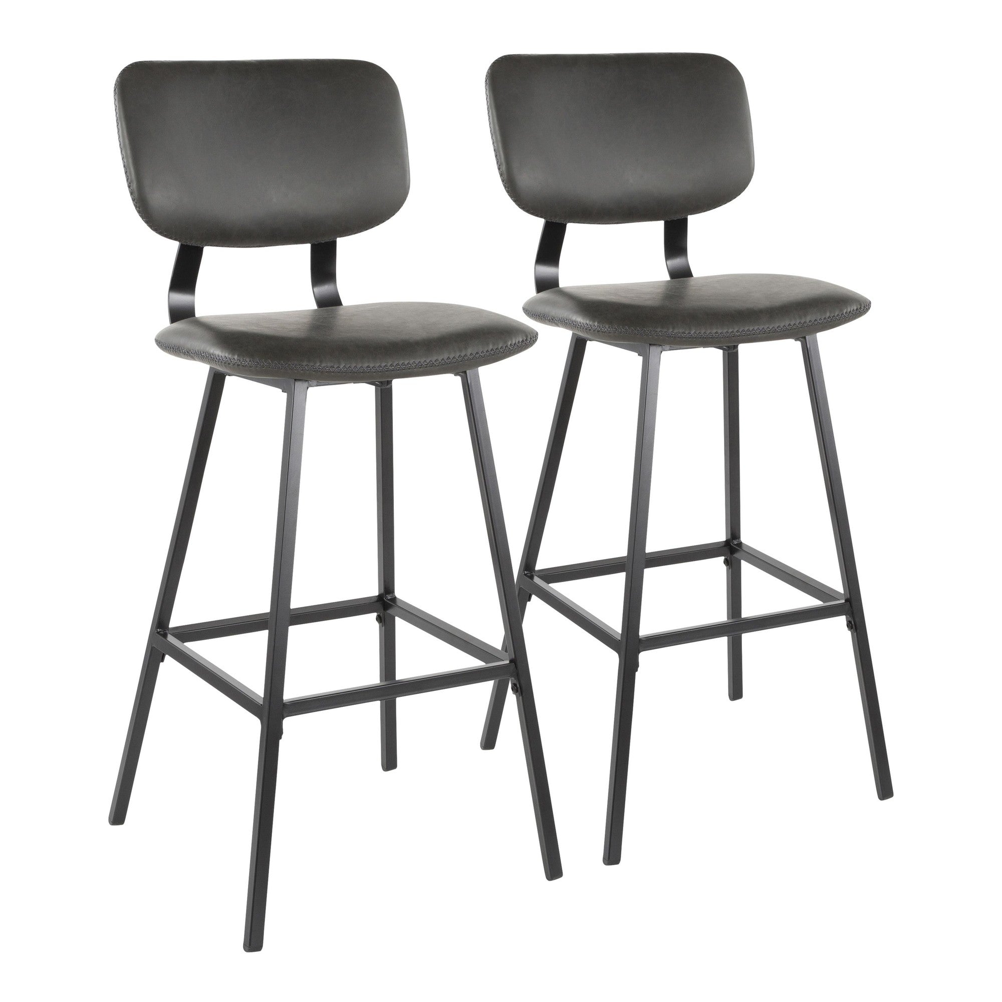Foundry 30" Fixed-Height Barstool - Set of 2 - Black Metal, Grey PU, Grey Zig Zag Stitching