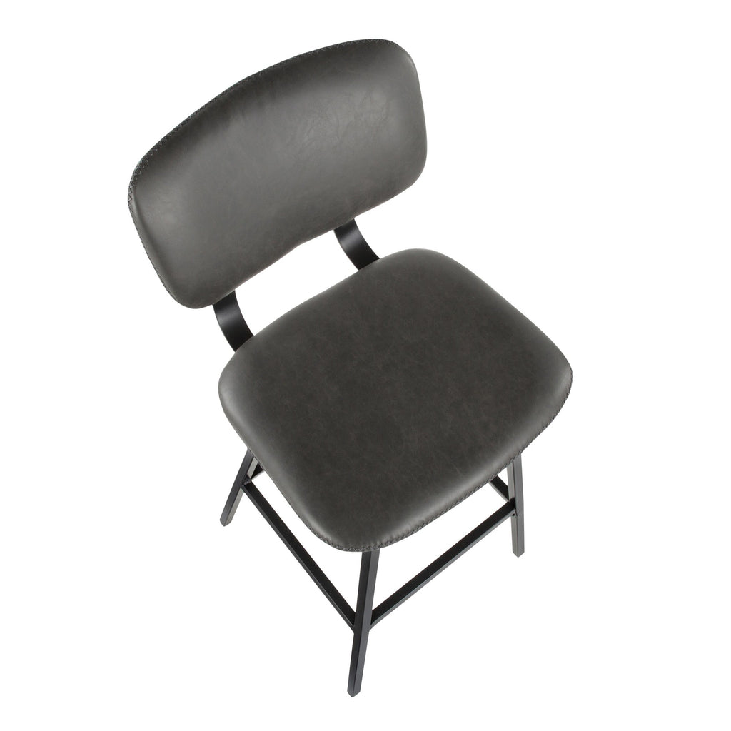 Foundry 30" Fixed-Height Barstool - Set of 2 - Black Metal, Grey PU, Grey Zig Zag Stitching