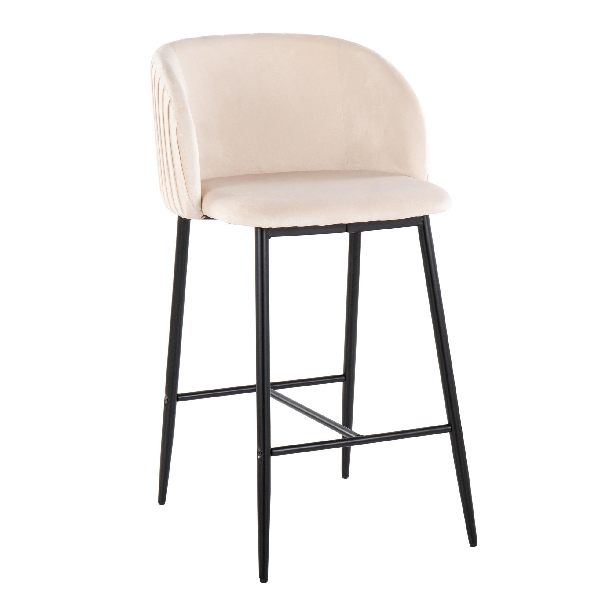 Fran Pleated 26" Fixed-Height Counter Stool - Set of 2 - Black Metal, White Velvet