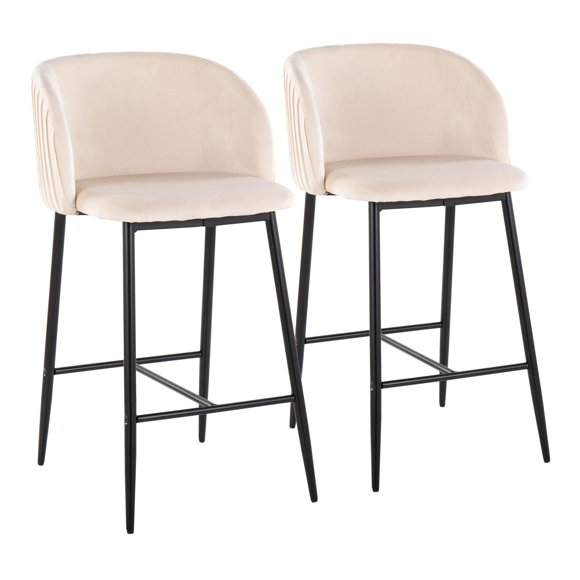 Fran Pleated 26" Fixed-Height Counter Stool - Set of 2 - Black Metal, White Velvet