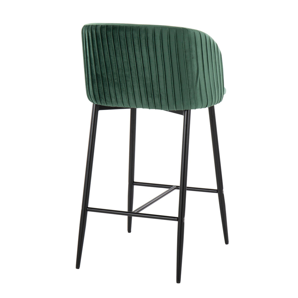 Fran Pleated 26" Fixed-Height Counter Stool - Set of 2 - Black Metal, Green Velvet