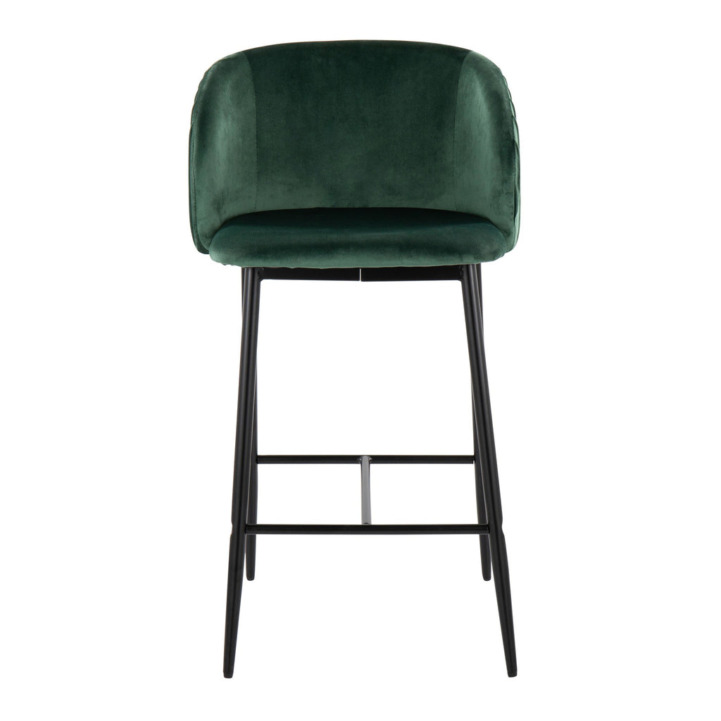 Fran Pleated 26" Fixed-Height Counter Stool - Set of 2 - Black Metal, Green Velvet