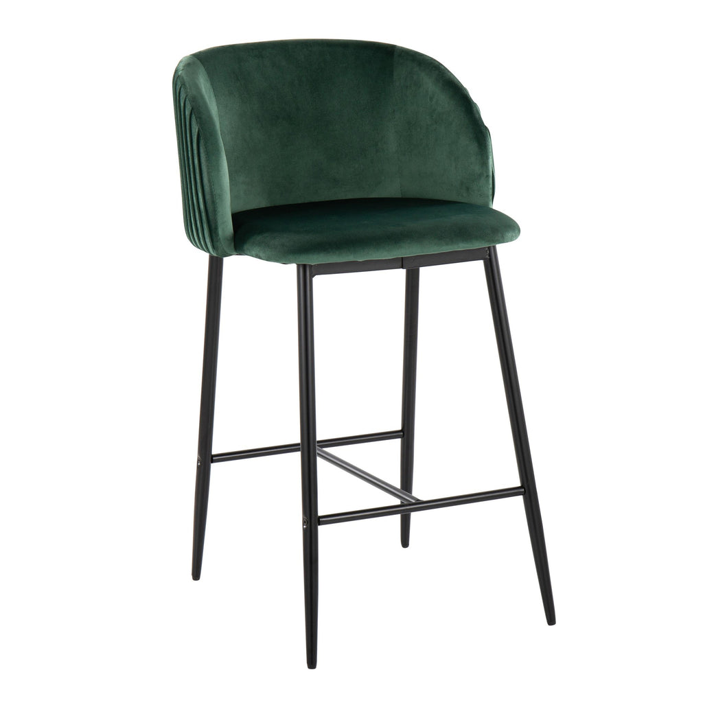 Fran Pleated 26" Fixed-Height Counter Stool - Set of 2 - Black Metal, Green Velvet