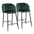 Fran Pleated 26" Fixed-Height Counter Stool - Set of 2 - Black Metal, Green Velvet