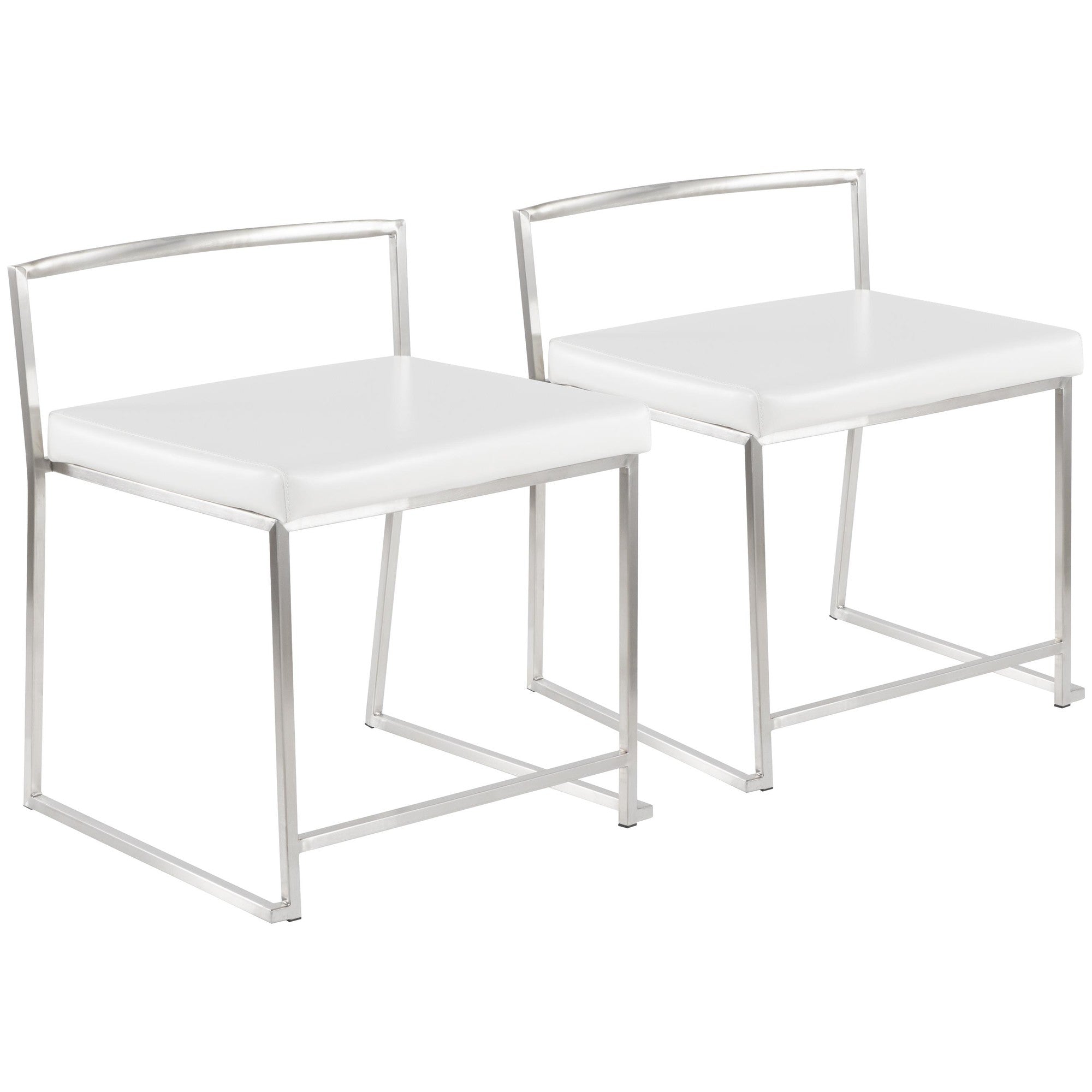 Fuji Dining Chair - Set of 2 - Brushed Stainless Steel, White PU