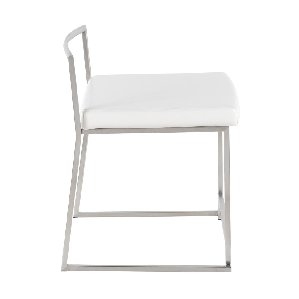 Fuji Dining Chair - Set of 2 - Brushed Stainless Steel, White PU