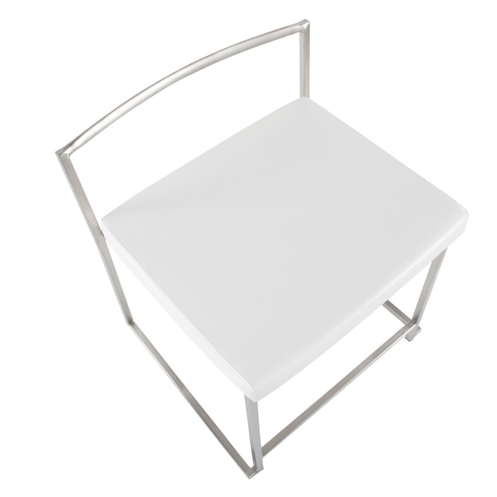 Fuji Dining Chair - Set of 2 - Brushed Stainless Steel, White PU