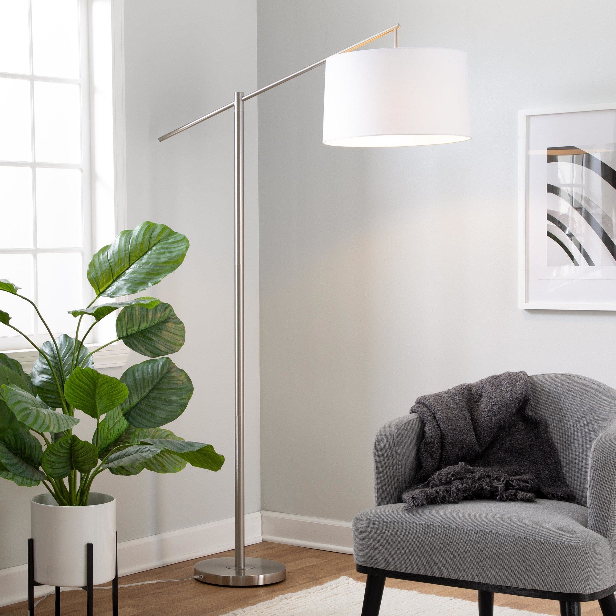 Casper 69" Metal Floor Lamp - Brushed Nickel, Off-white Linen