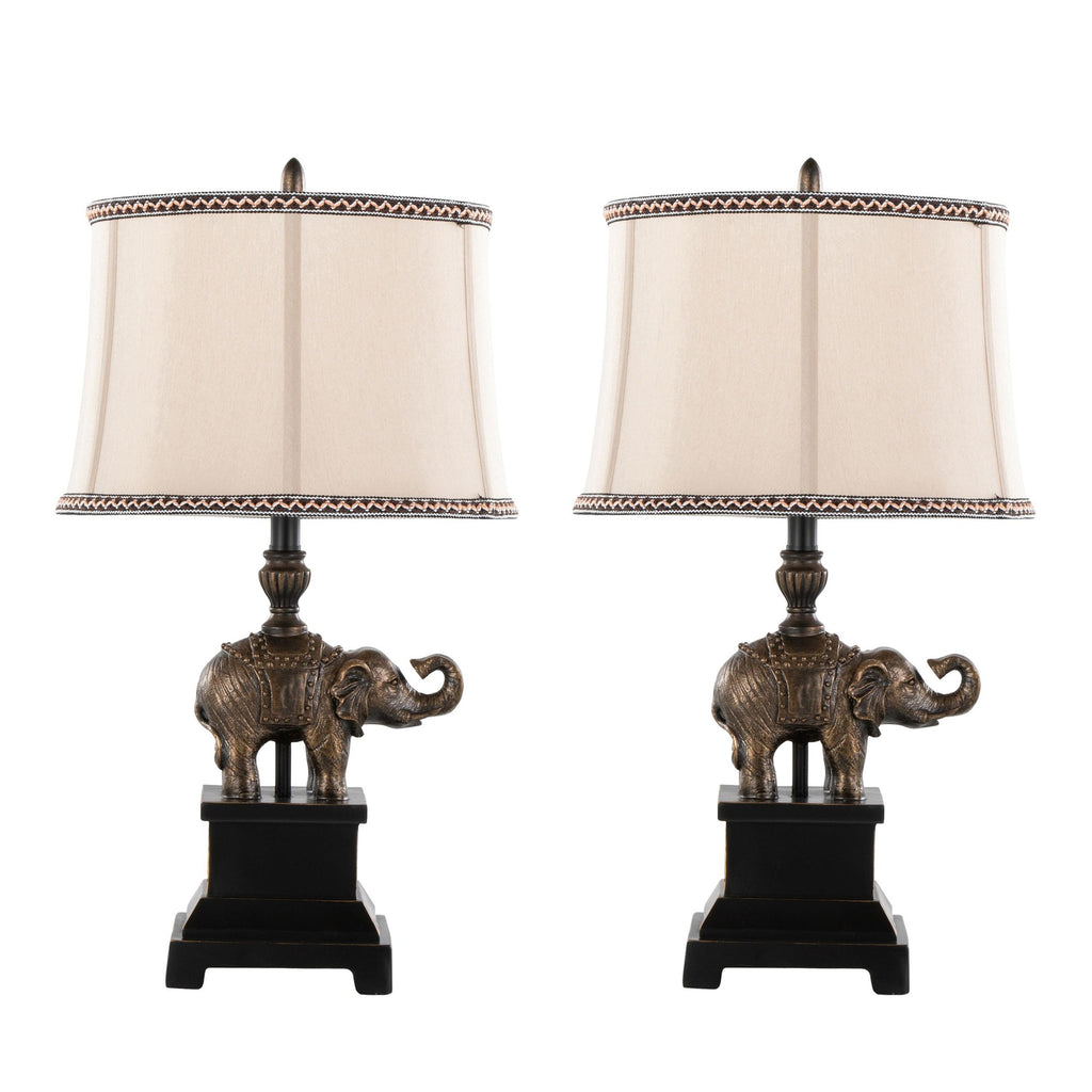 Elephant 27" Polyresin Table Lamp - Set of 2 - Bronze Polyresin, Natural Linen