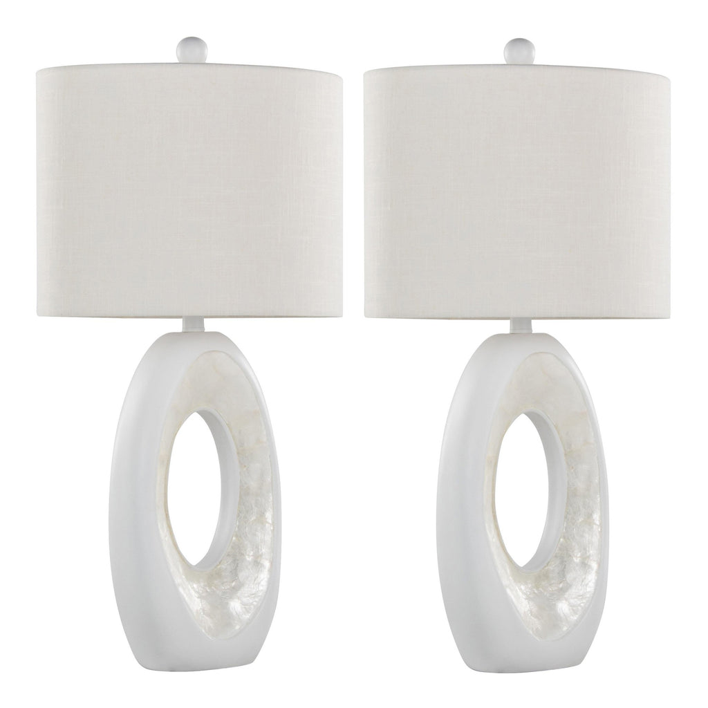 Pearl 29" Polyresin Table Lamp - Set of 2 - Matte White Polyresin, Natural Shell, White Linen