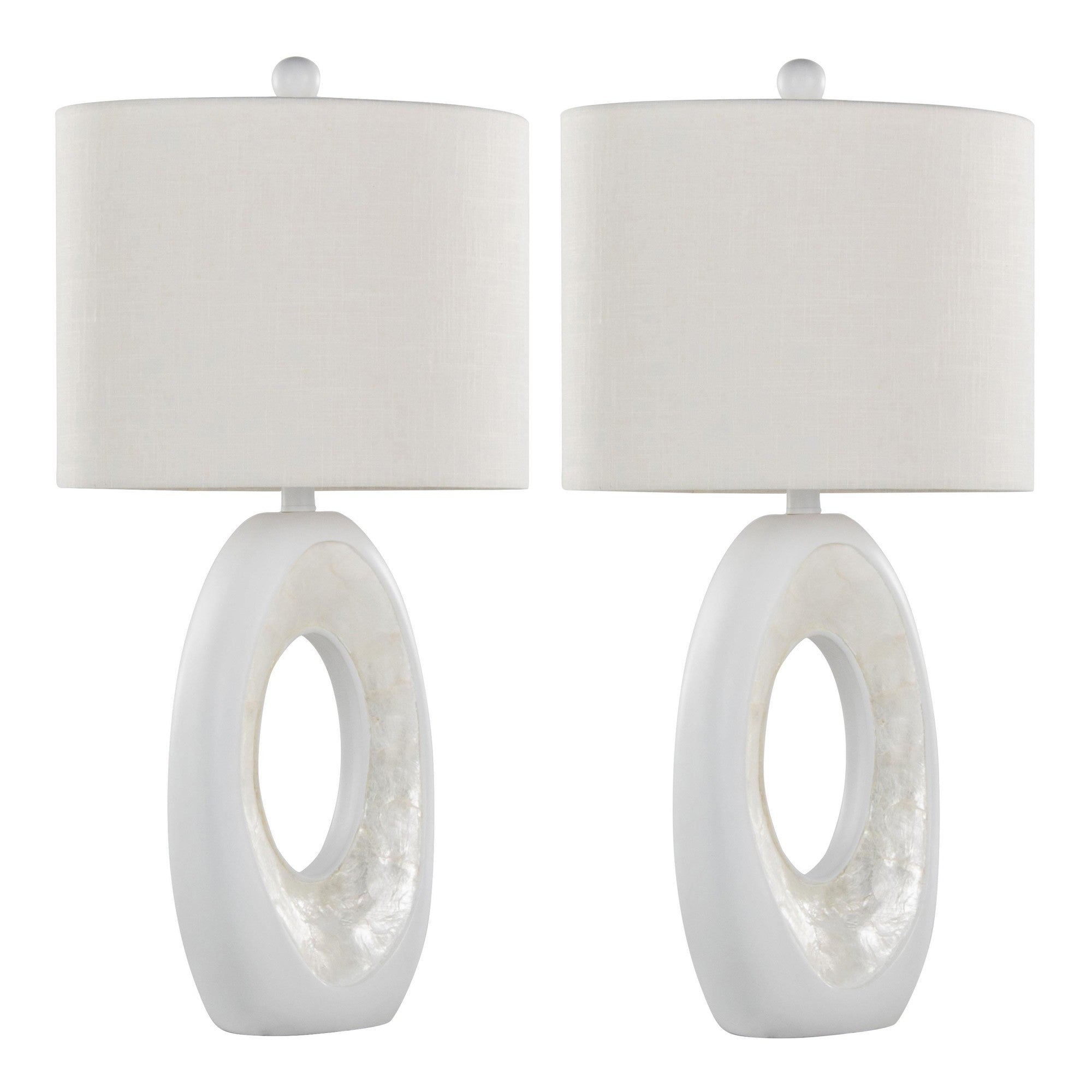 Pearl 29" Polyresin Table Lamp - Set of 2 - Matte White Polyresin, Natural Shell, White Linen