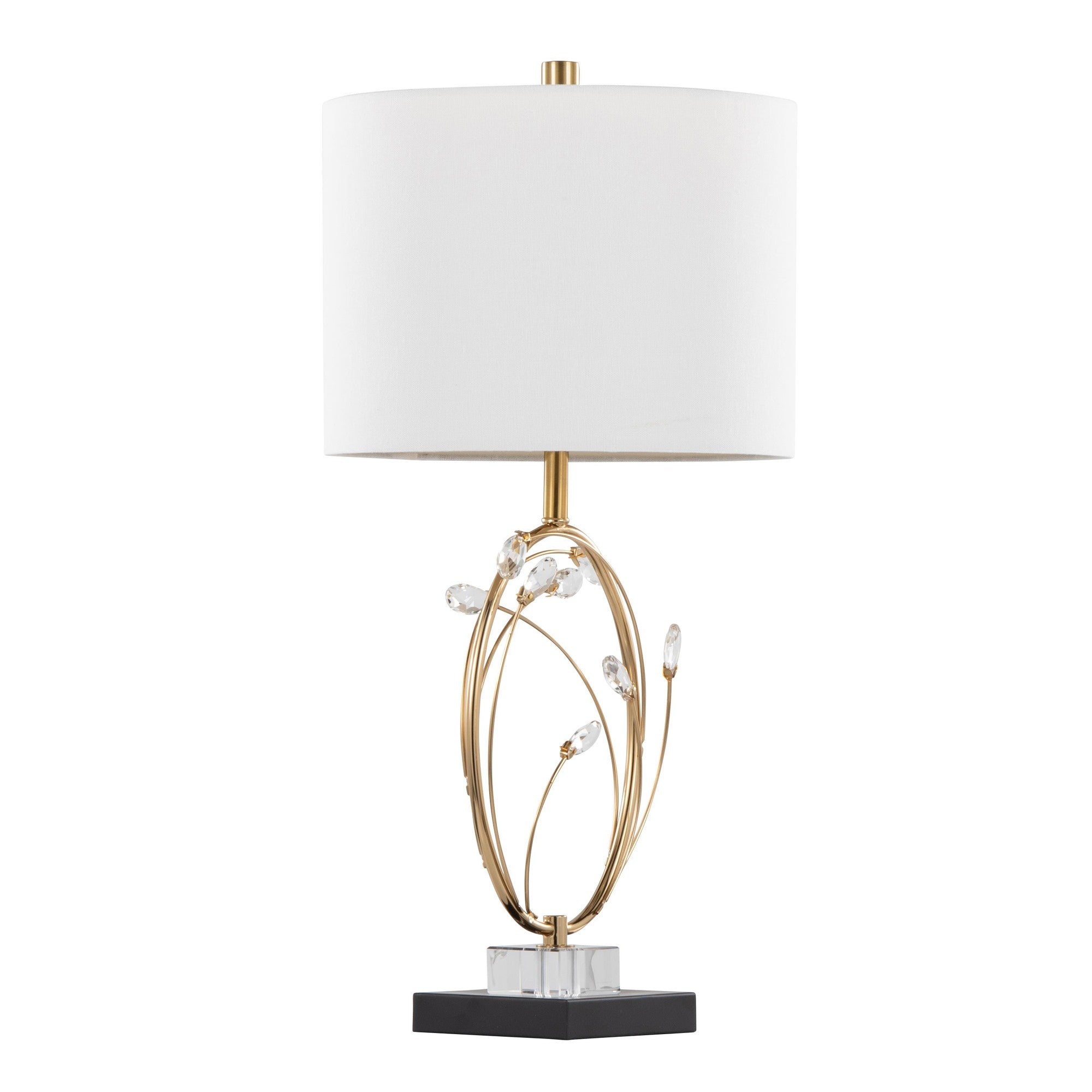 Crystal Buds 25" Table Lamp - Set of 2 - Black Metal, Clear Crystal, Gold Metal, Off-white Linen