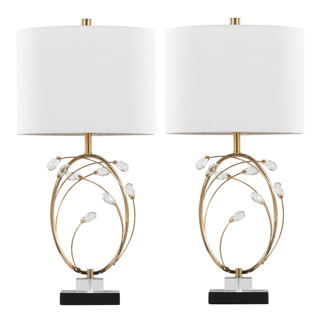 Crystal Buds 25" Table Lamp - Set of 2 - Black Metal, Clear Crystal, Gold Metal, Off-white Linen