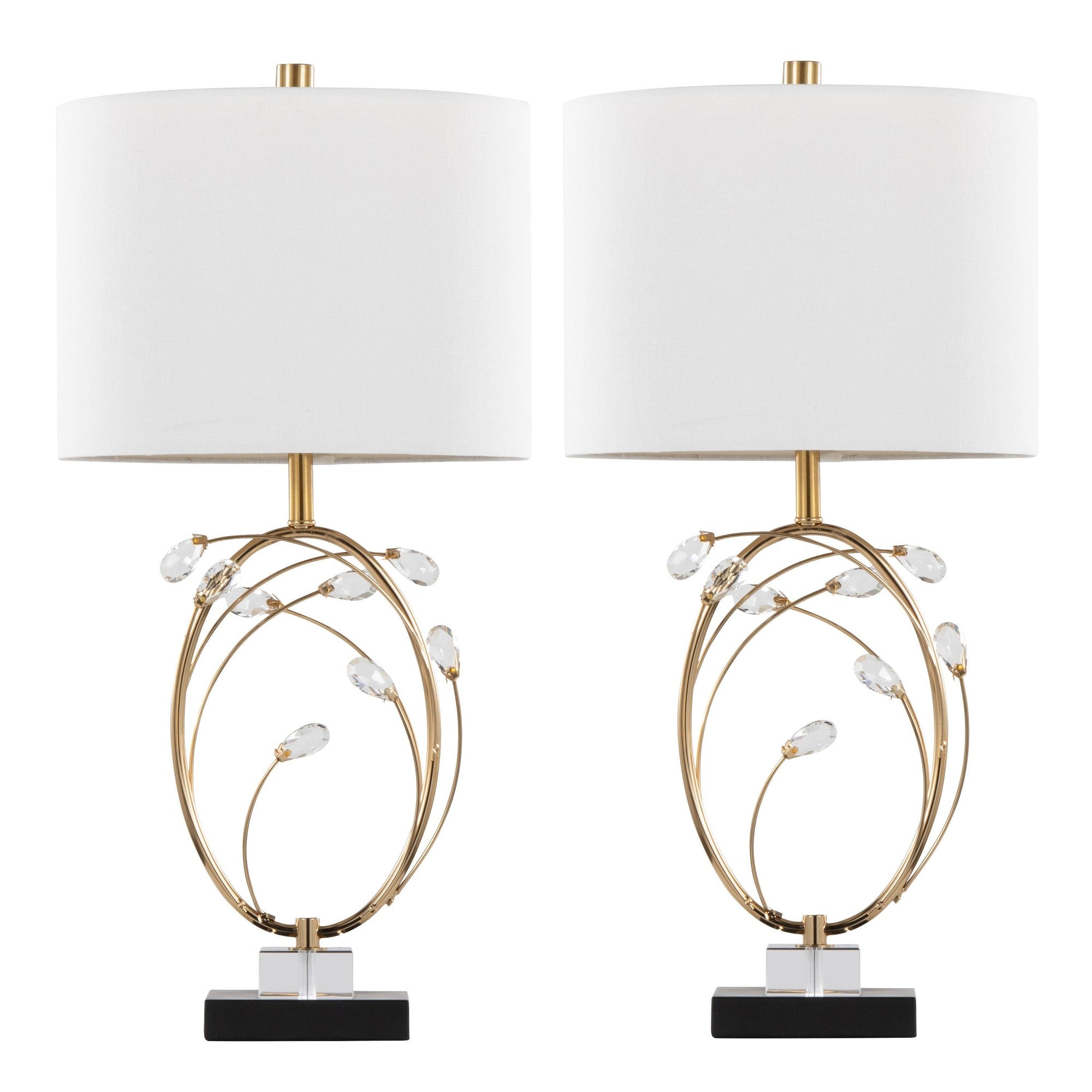 Crystal Buds 25" Table Lamp - Set of 2 - Black Metal, Clear Crystal, Gold Metal, Off-white Linen