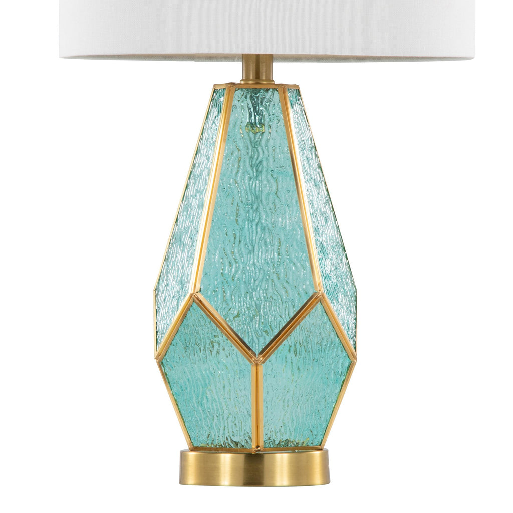 Geo Rain Glass 25" Table Lamp - Set of 2 - Gold Metal, Turquoise Glass, White Linen
