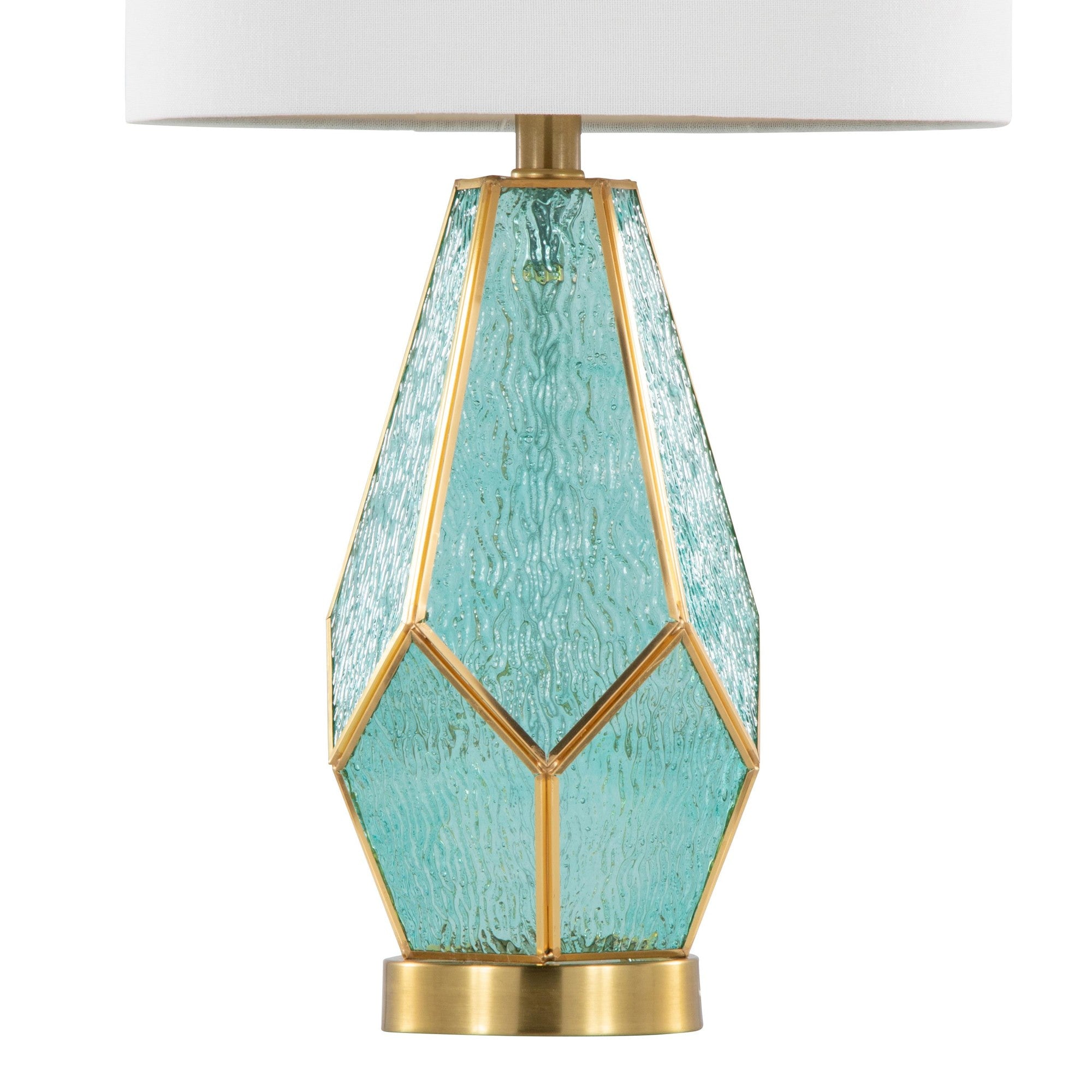 Geo Rain Glass 25" Table Lamp - Set of 2 - Gold Metal, Turquoise Glass, White Linen