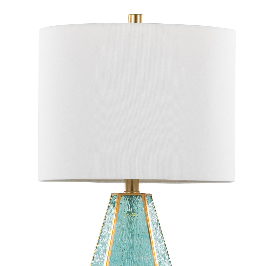 Geo Rain Glass 25" Table Lamp - Set of 2 - Gold Metal, Turquoise Glass, White Linen