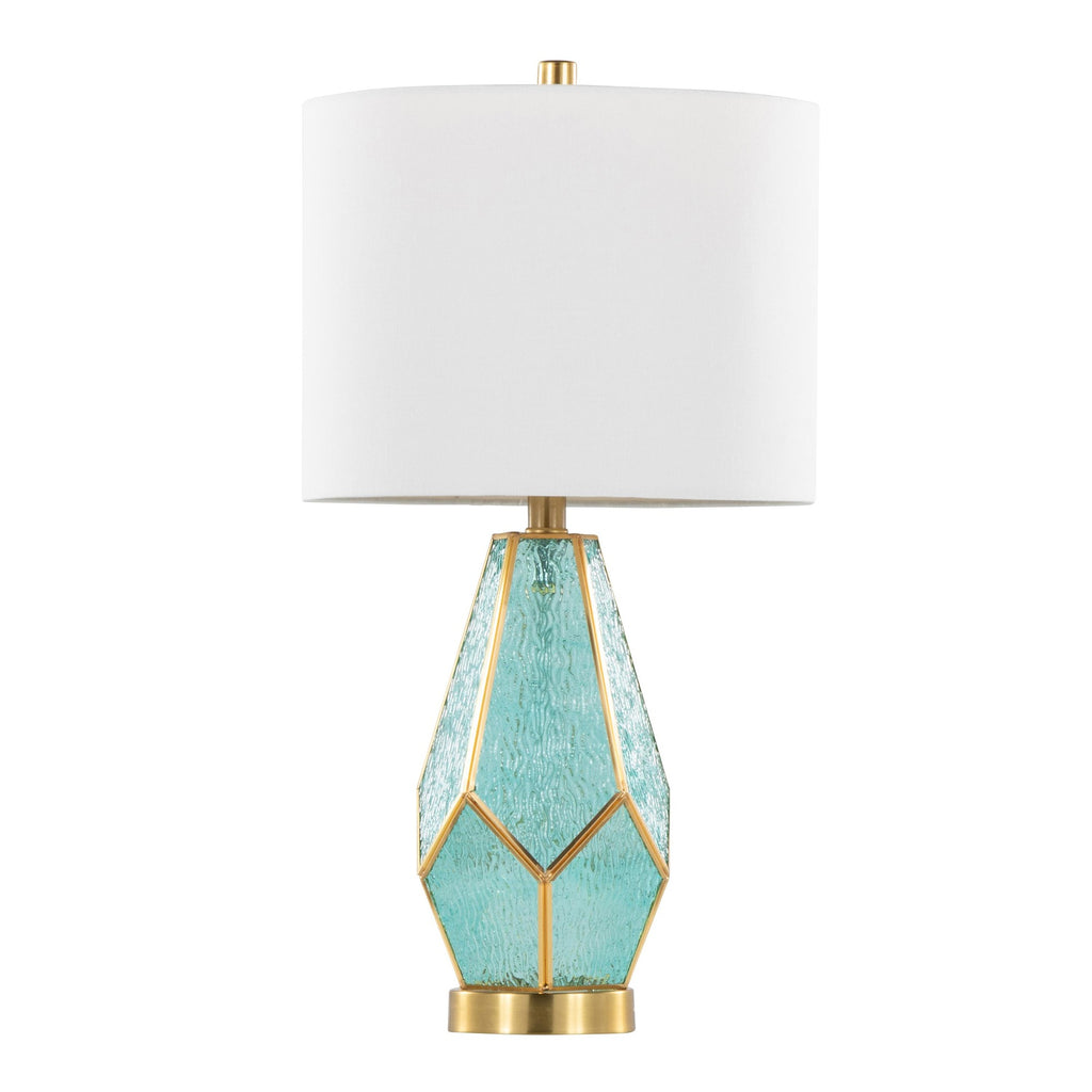 Geo Rain Glass 25" Table Lamp - Set of 2 - Gold Metal, Turquoise Glass, White Linen