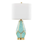 Geo Rain Glass 25" Table Lamp - Set of 2 - Gold Metal, Turquoise Glass, White Linen