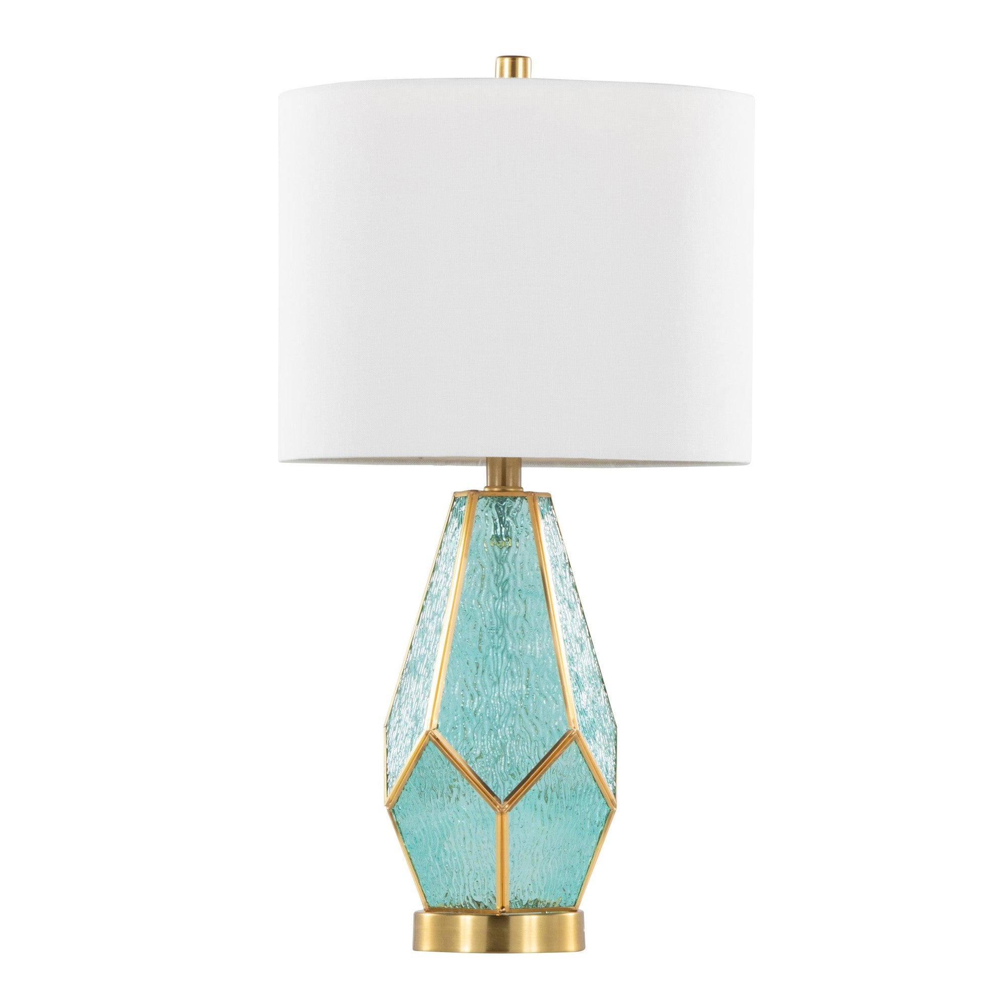Geo Rain Glass 25" Table Lamp - Set of 2 - Gold Metal, Turquoise Glass, White Linen