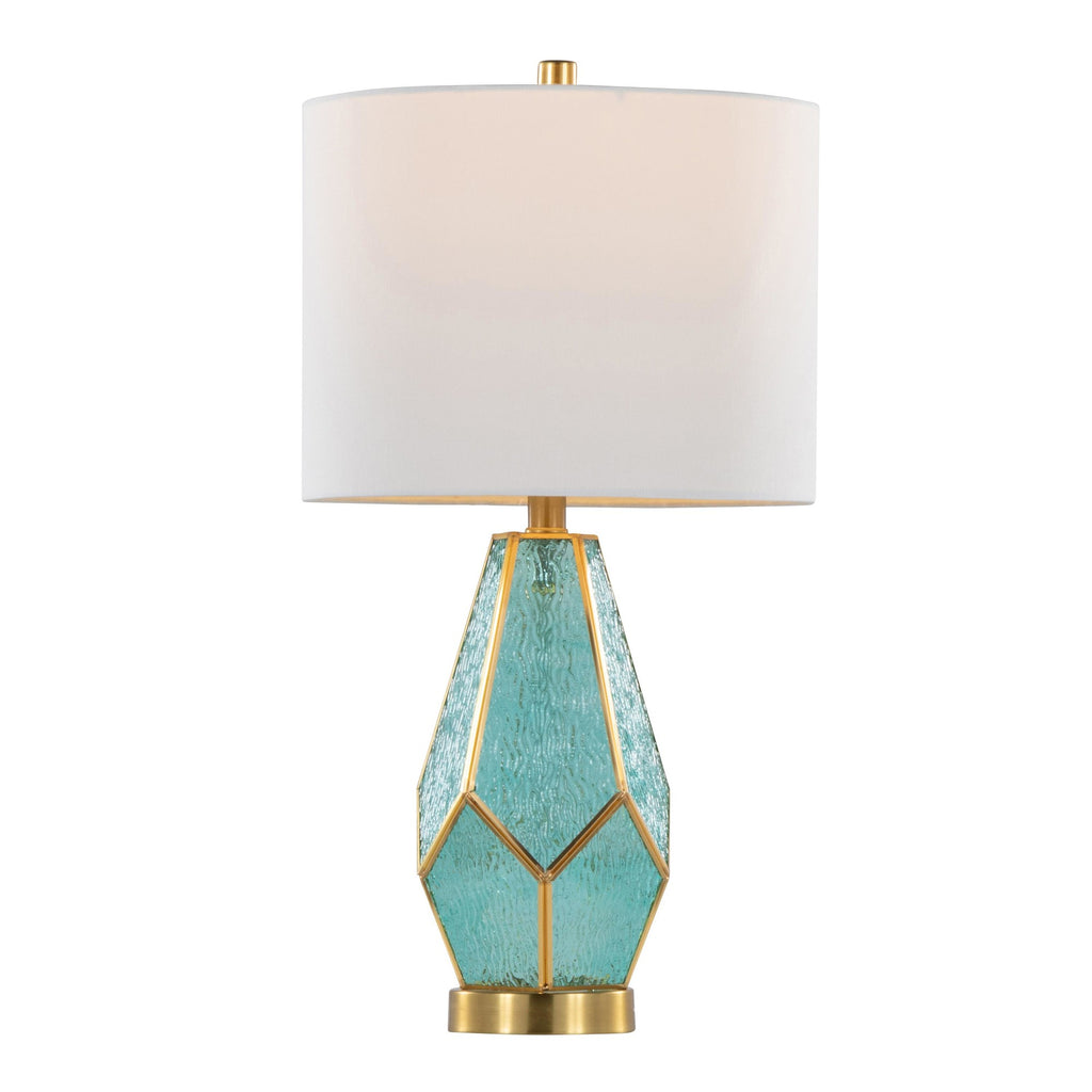 Geo Rain Glass 25" Table Lamp - Set of 2 - Gold Metal, Turquoise Glass, White Linen