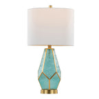 Geo Rain Glass 25" Table Lamp - Set of 2 - Gold Metal, Turquoise Glass, White Linen