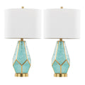 Geo Rain Glass 25" Table Lamp - Set of 2 - Gold Metal, Turquoise Glass, White Linen