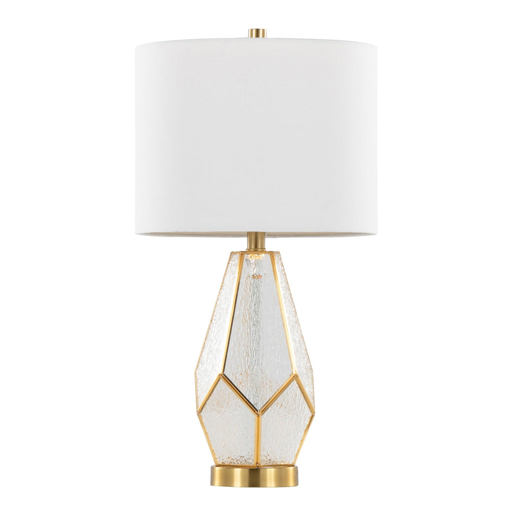 Geo Rain Glass 25" Table Lamp - Set of 2 - Gold Metal, White Glass, White Linen