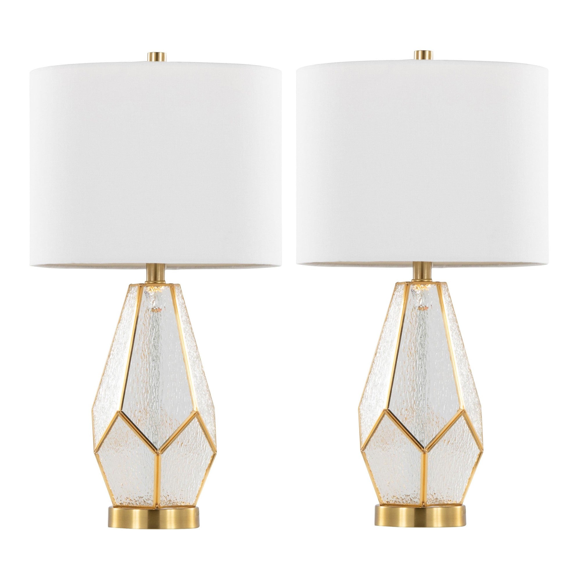 Geo Rain Glass 25" Table Lamp - Set of 2 - Gold Metal, White Glass, White Linen