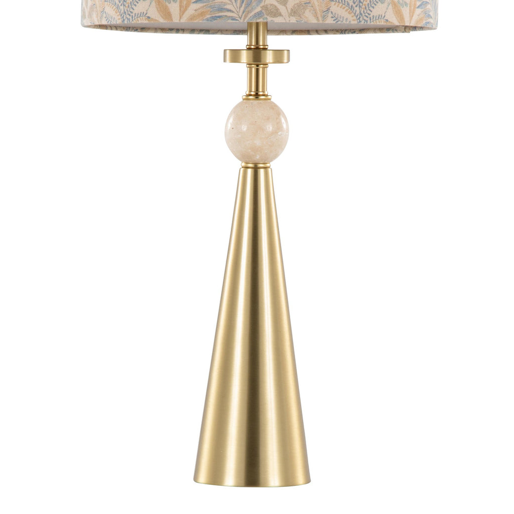 Cone Travertine 27" Table Lamp - Set of 2 - Gold Metal, Travertine, Tan Leaf Shade