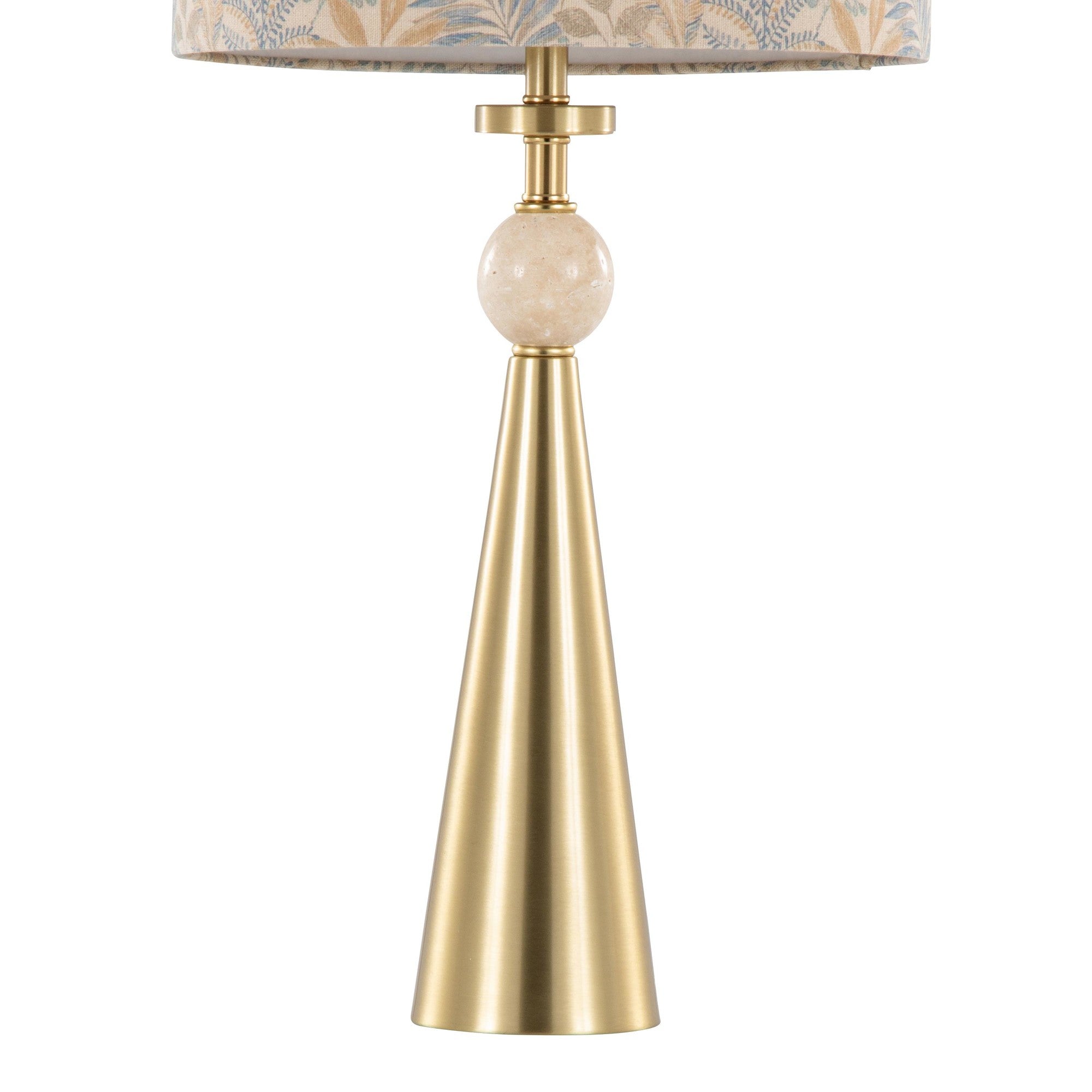 Cone Travertine 27" Table Lamp - Set of 2 - Gold Metal, Travertine, Tan Leaf Shade
