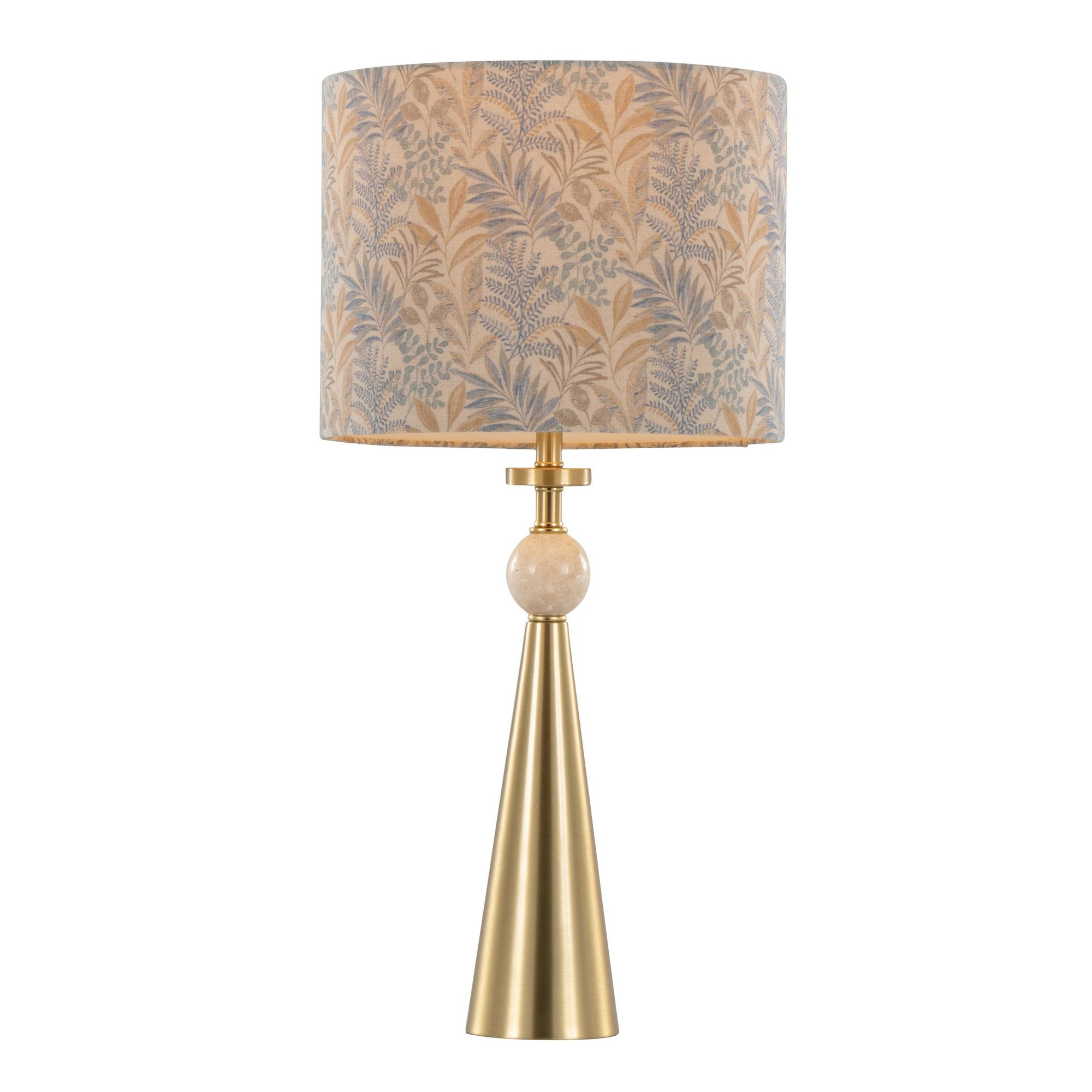 Cone Travertine 27" Table Lamp - Set of 2 - Gold Metal, Travertine, Tan Leaf Shade