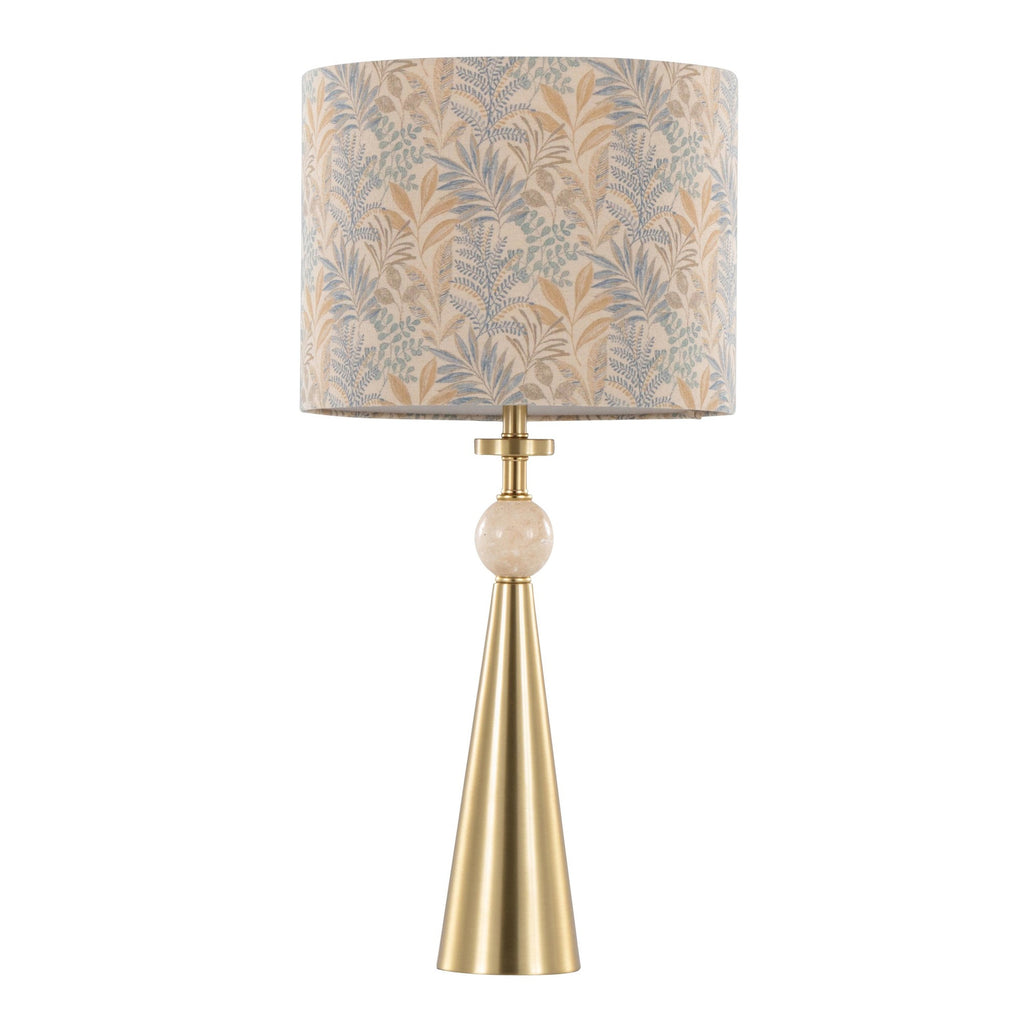 Cone Travertine 27" Table Lamp - Set of 2 - Gold Metal, Travertine, Tan Leaf Shade