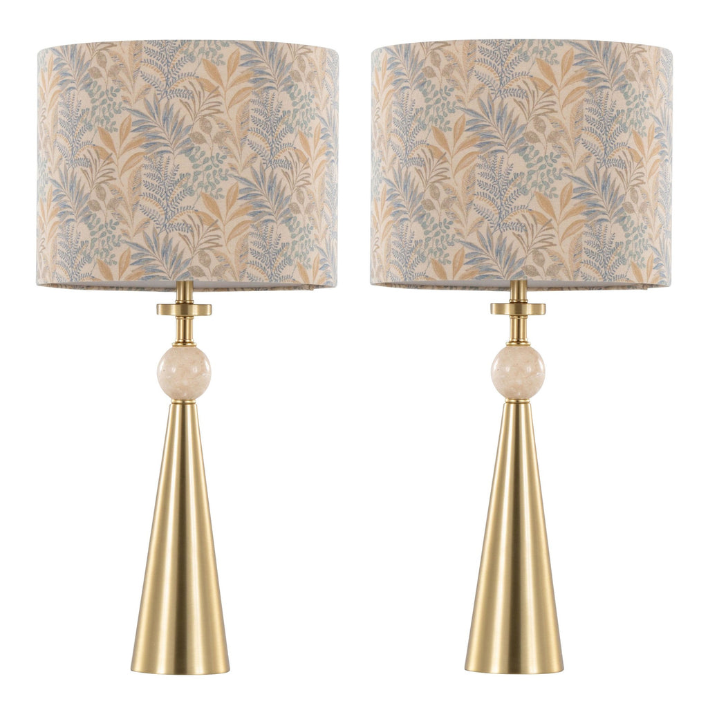 Cone Travertine 27" Table Lamp - Set of 2 - Gold Metal, Travertine, Tan Leaf Shade