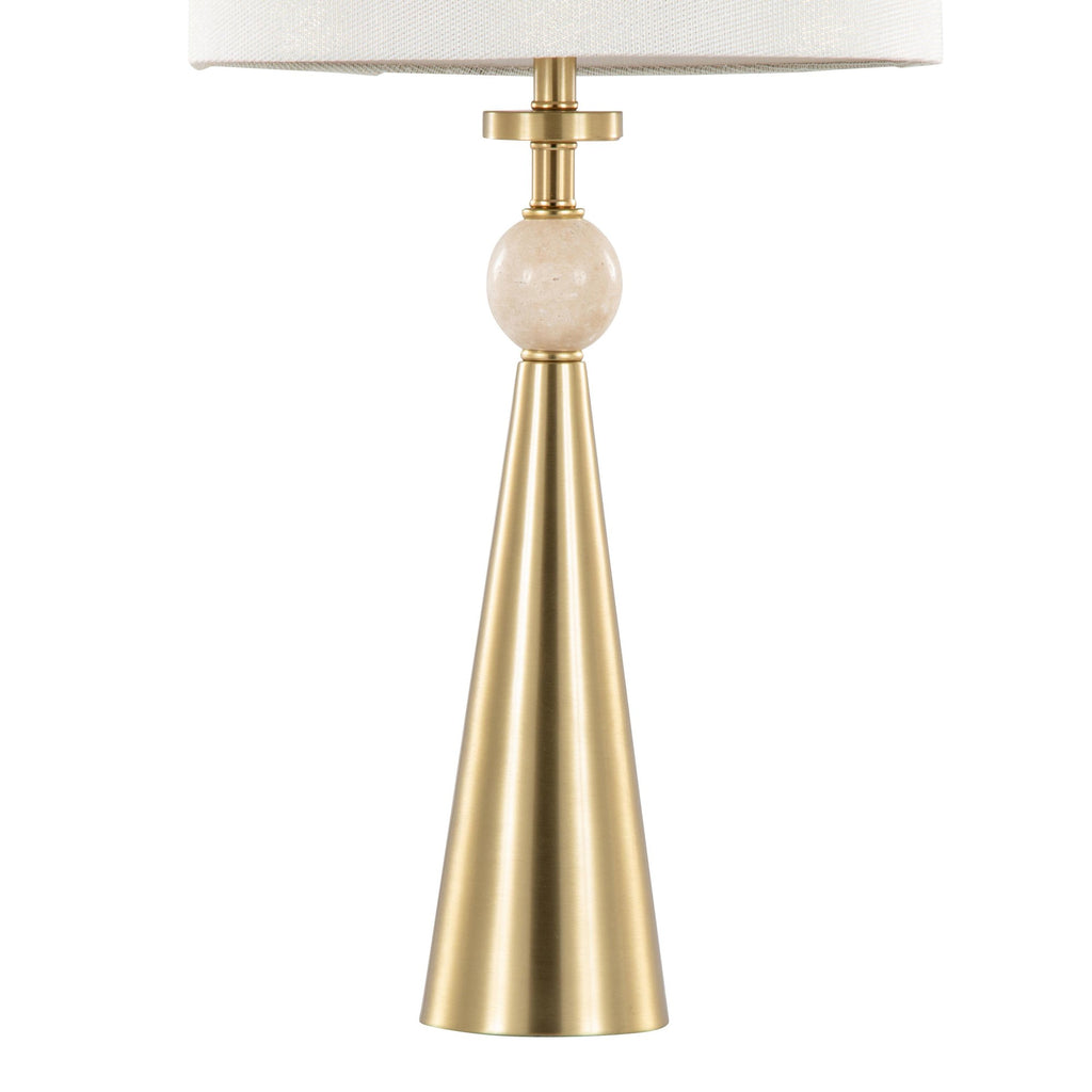 Cone Travertine 27" Table Lamp - Set of 2 - Gold Metal, Travertine, White Shimmer Shade