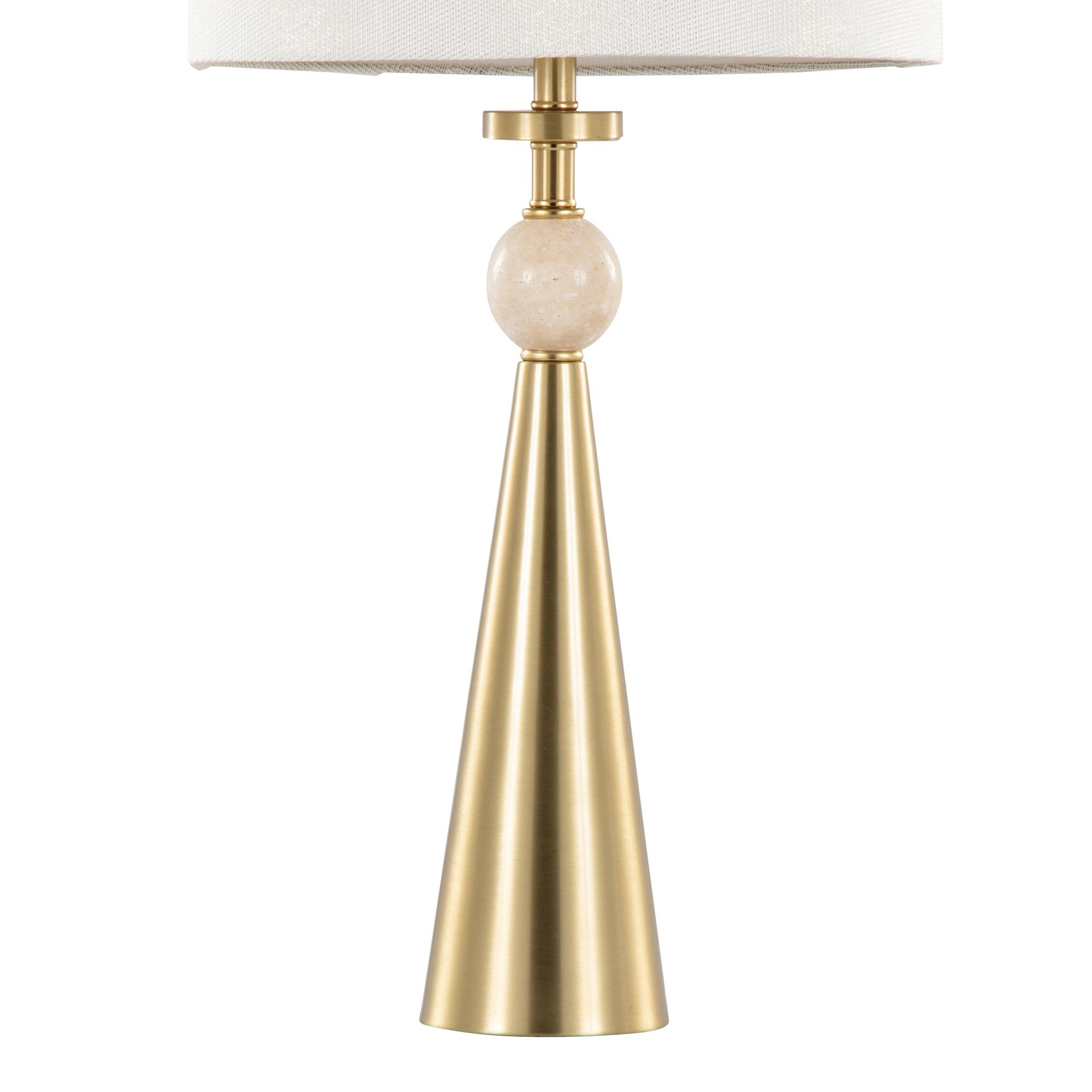 Cone Travertine 27" Table Lamp - Set of 2 - Gold Metal, Travertine, White Shimmer Shade