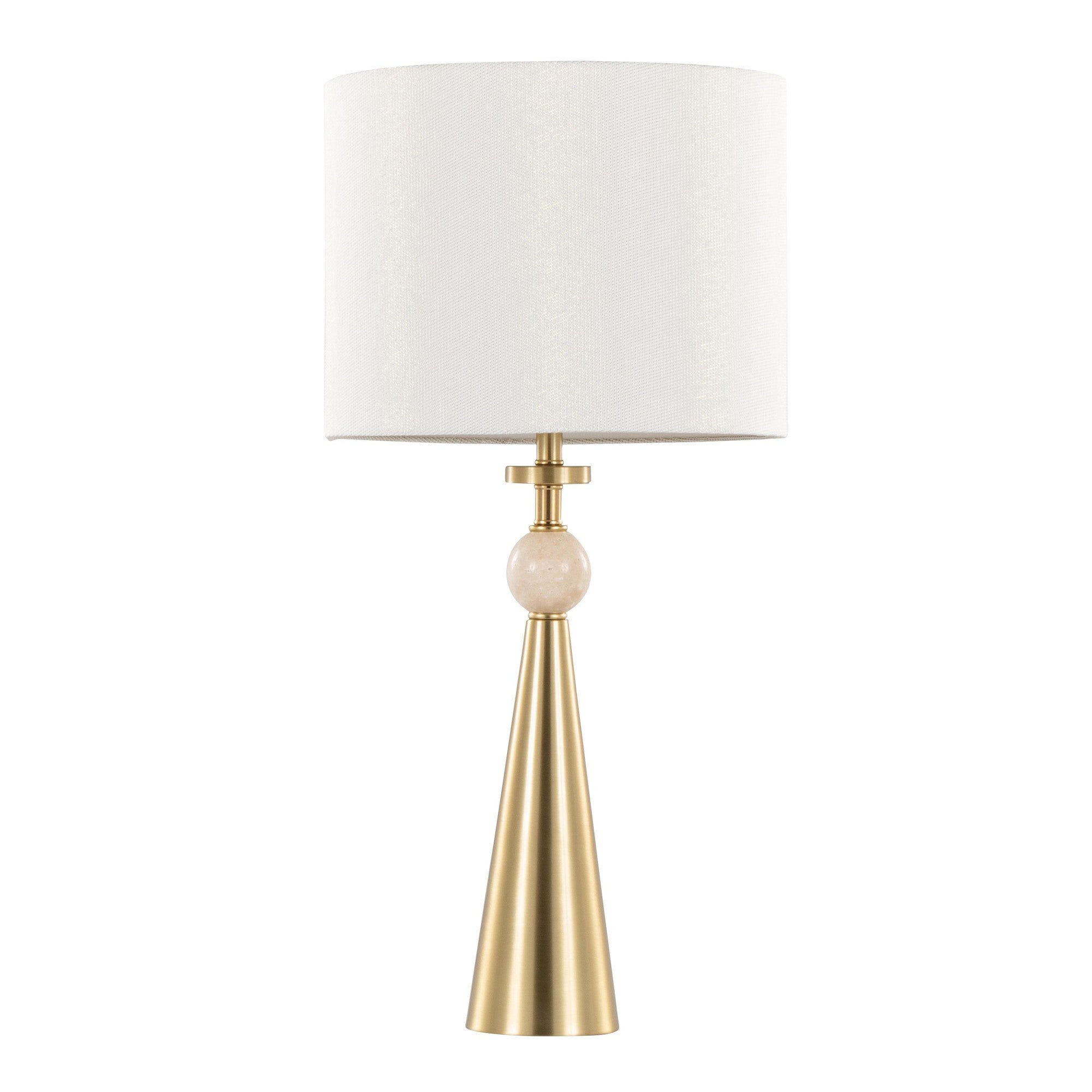 Cone Travertine 27" Table Lamp - Set of 2 - Gold Metal, Travertine, White Shimmer Shade