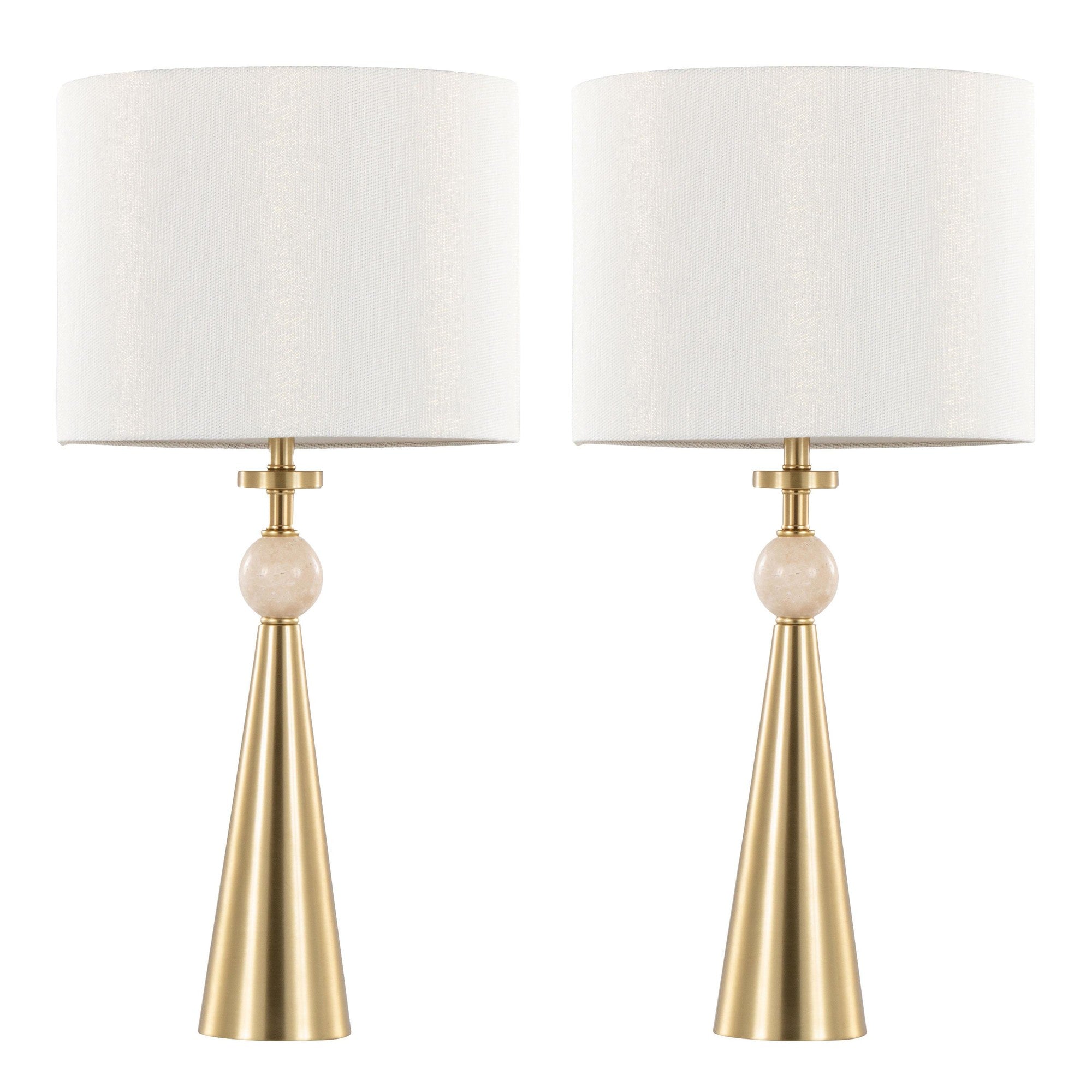 Cone Travertine 27" Table Lamp - Set of 2 - Gold Metal, Travertine, White Shimmer Shade