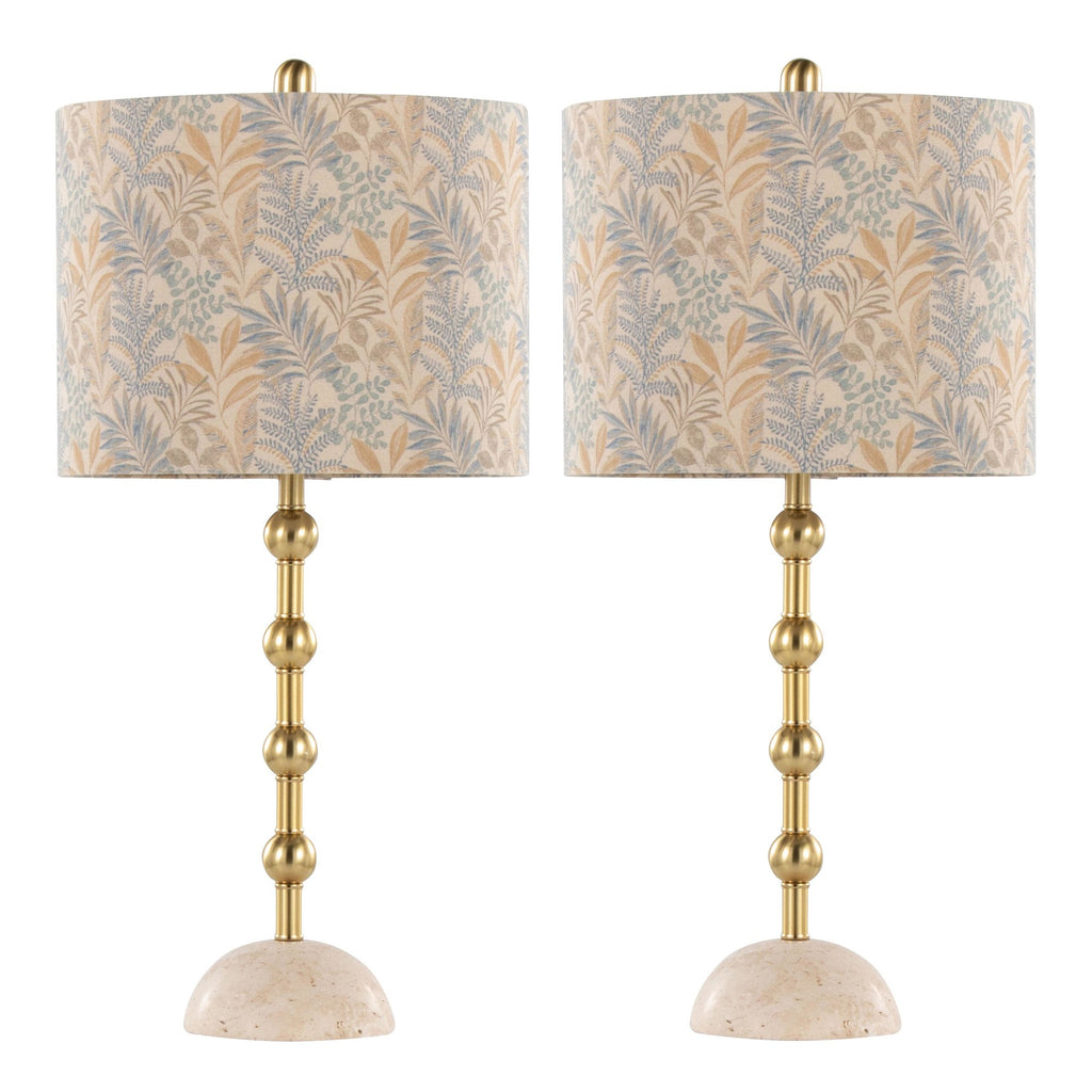 Malibu 27" Table Lamp - Set of 2 - Travertine, Gold Metal, Tan Leaf Shade