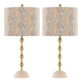 Malibu 27" Table Lamp - Set of 2 - Travertine, Gold Metal, Tan Leaf Shade