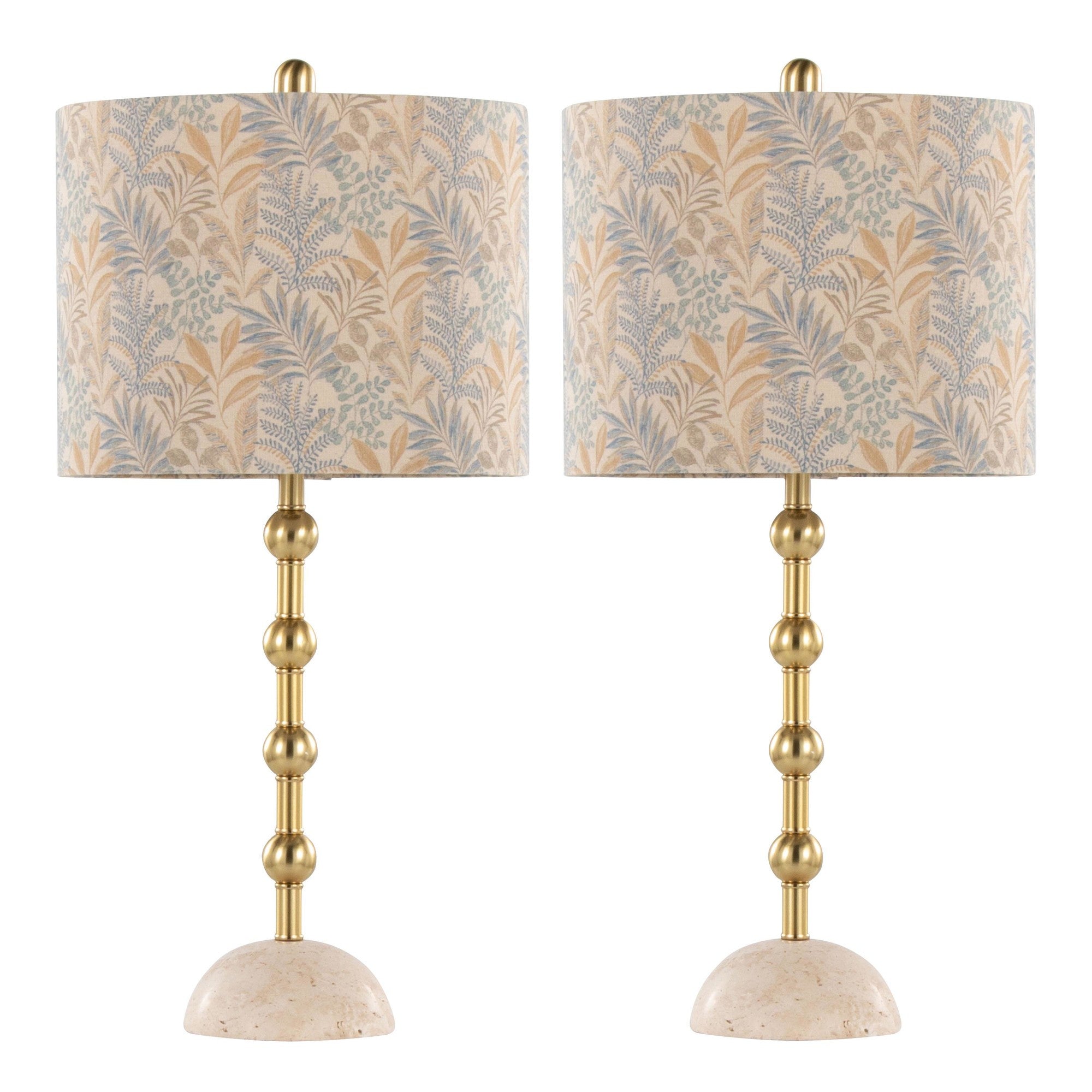 Malibu 27" Table Lamp - Set of 2 - Travertine, Gold Metal, Tan Leaf Shade