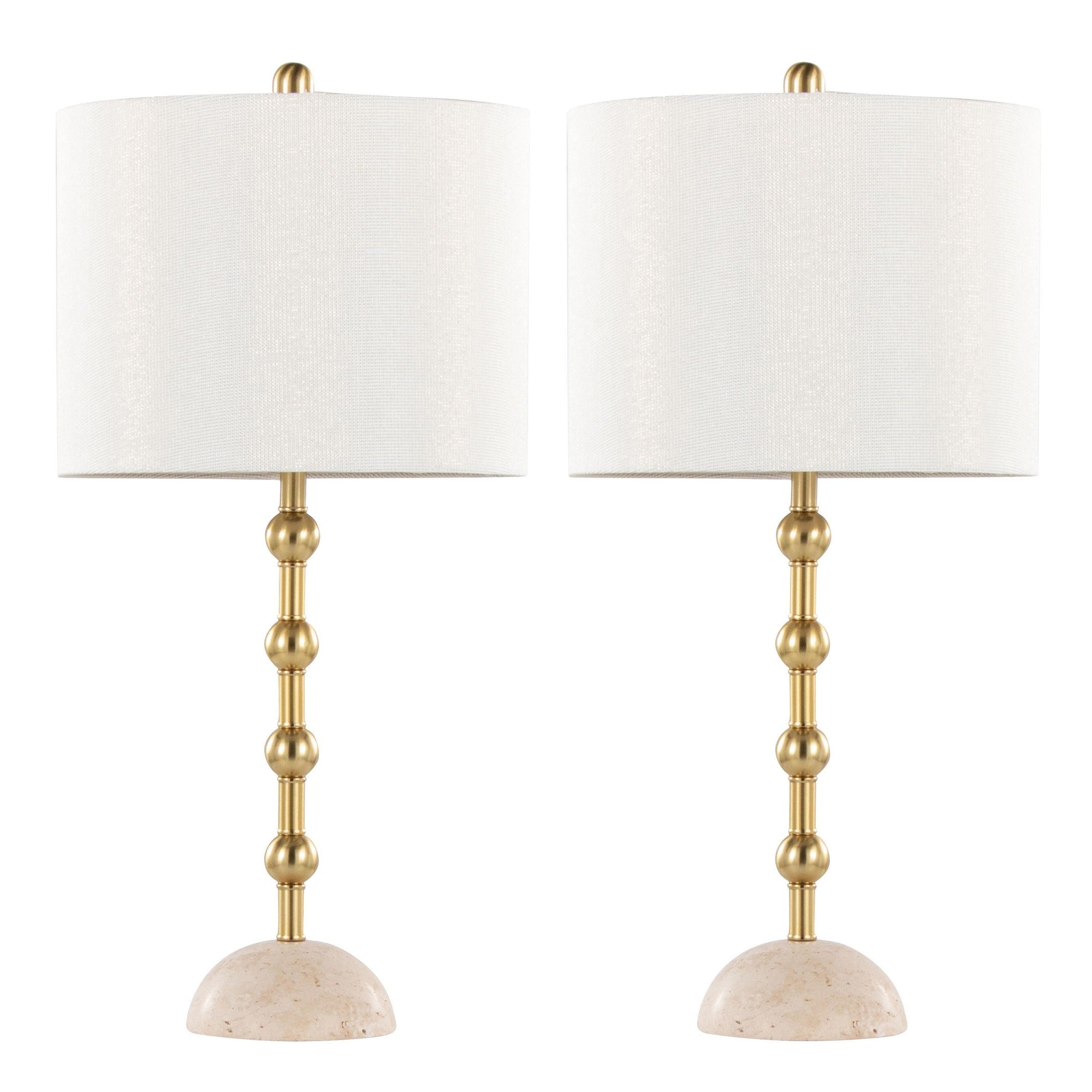 Malibu 27" Table Lamp - Set of 2 - Travertine, Gold Metal, Off-white Shimmer Shade