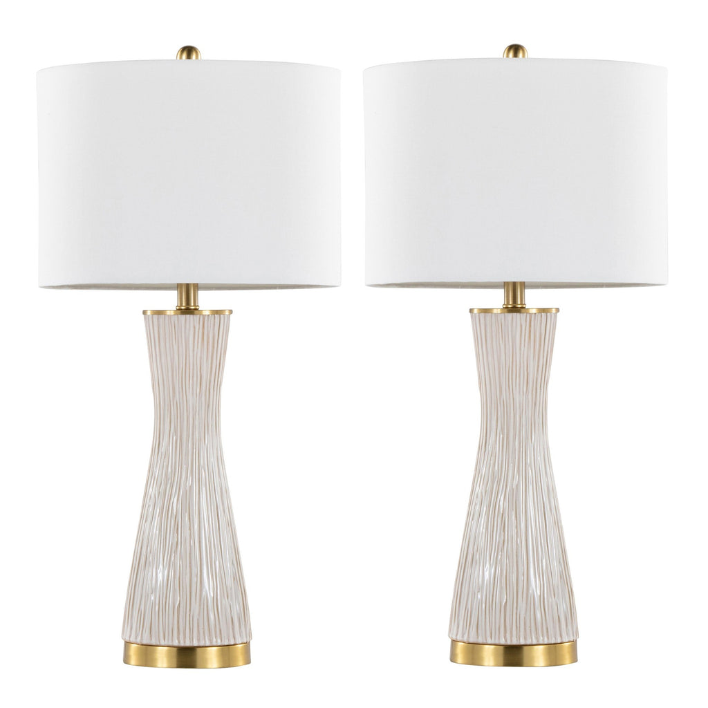 Gemma 28" Brush Ceramic Table Lamp - Set of 2 - Gold Metal, White Ceramic, White Linen