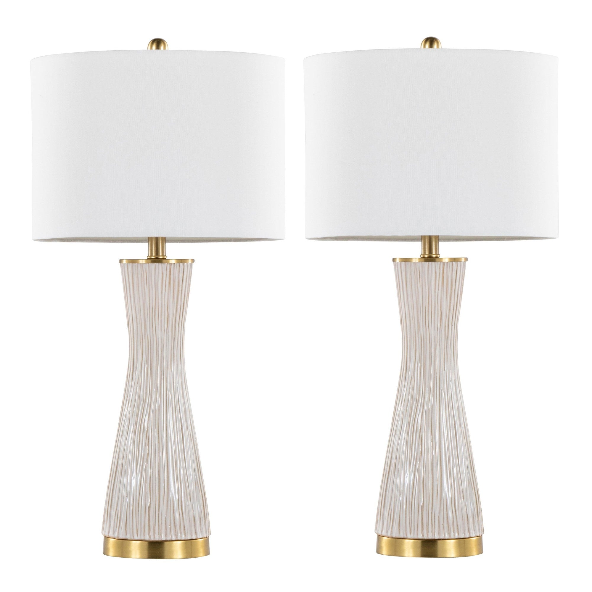 Gemma 28" Brush Ceramic Table Lamp - Set of 2 - Gold Metal, White Ceramic, White Linen