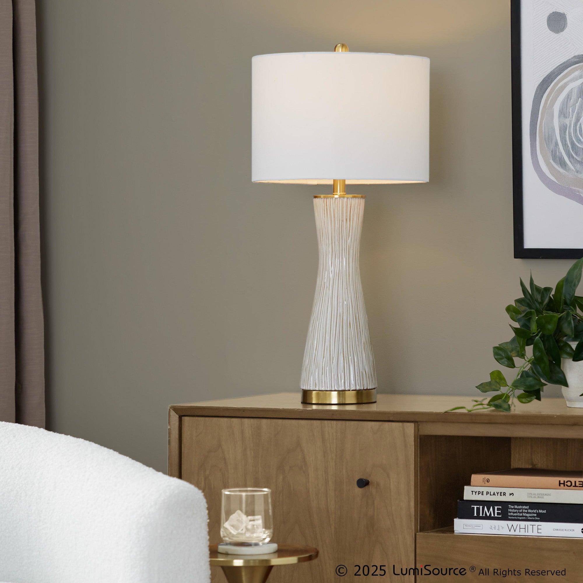Gemma 28" Brush Ceramic Table Lamp - Set of 2 - Gold Metal, White Ceramic, White Linen